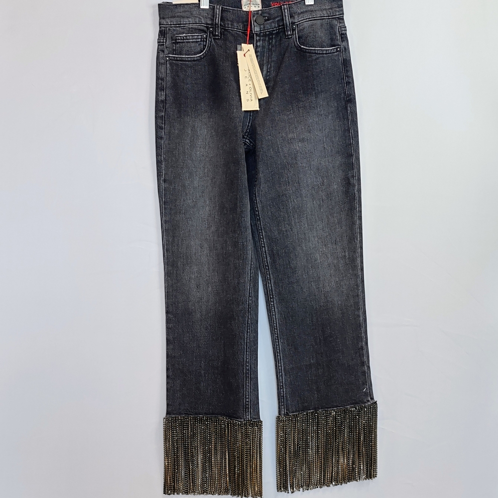 Alice + Olivia Black Boyfriend Jeans with Fringe
